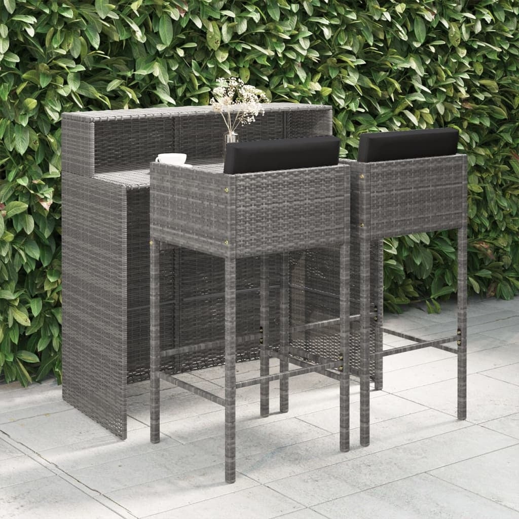 3 Piece Patio Bar Set with Cushions Poly Rattan Gray - Overstock - 37576267