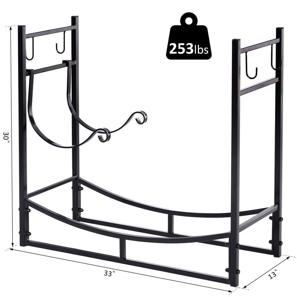 Outsunny Wrought Iron Metal Heavy Duty Firewood Rack Indoor   Outdoor with Fireplace Tool Set