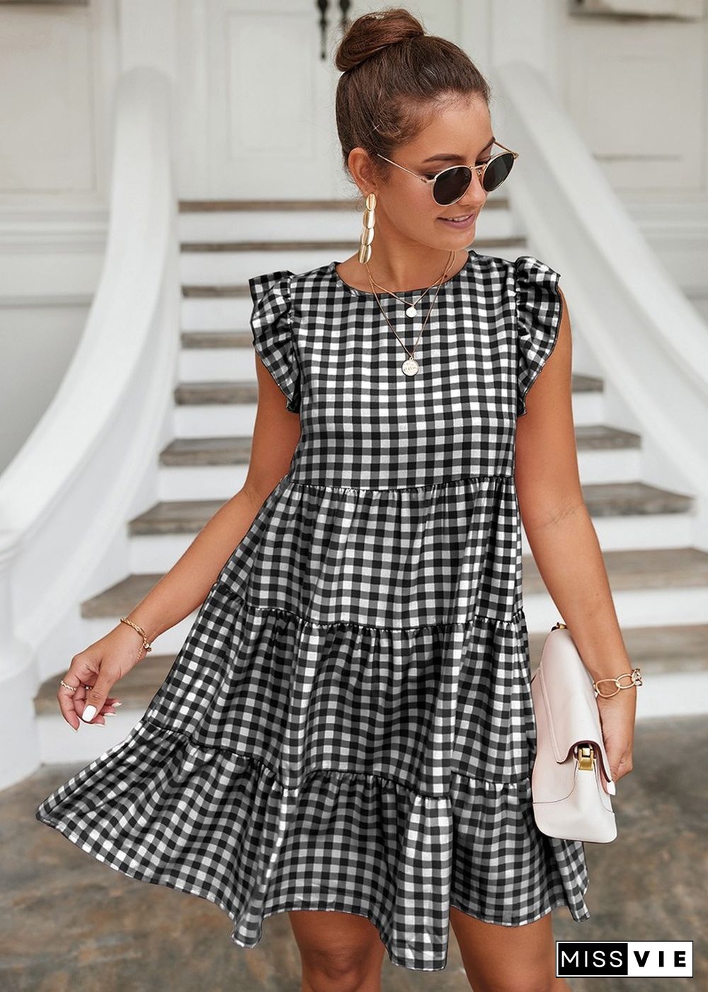 Elegant Fashion Women Summer Dress New O-neck Short Ruffle Sleeve Plaid Dress A-line Mini Dresses For Women Casual