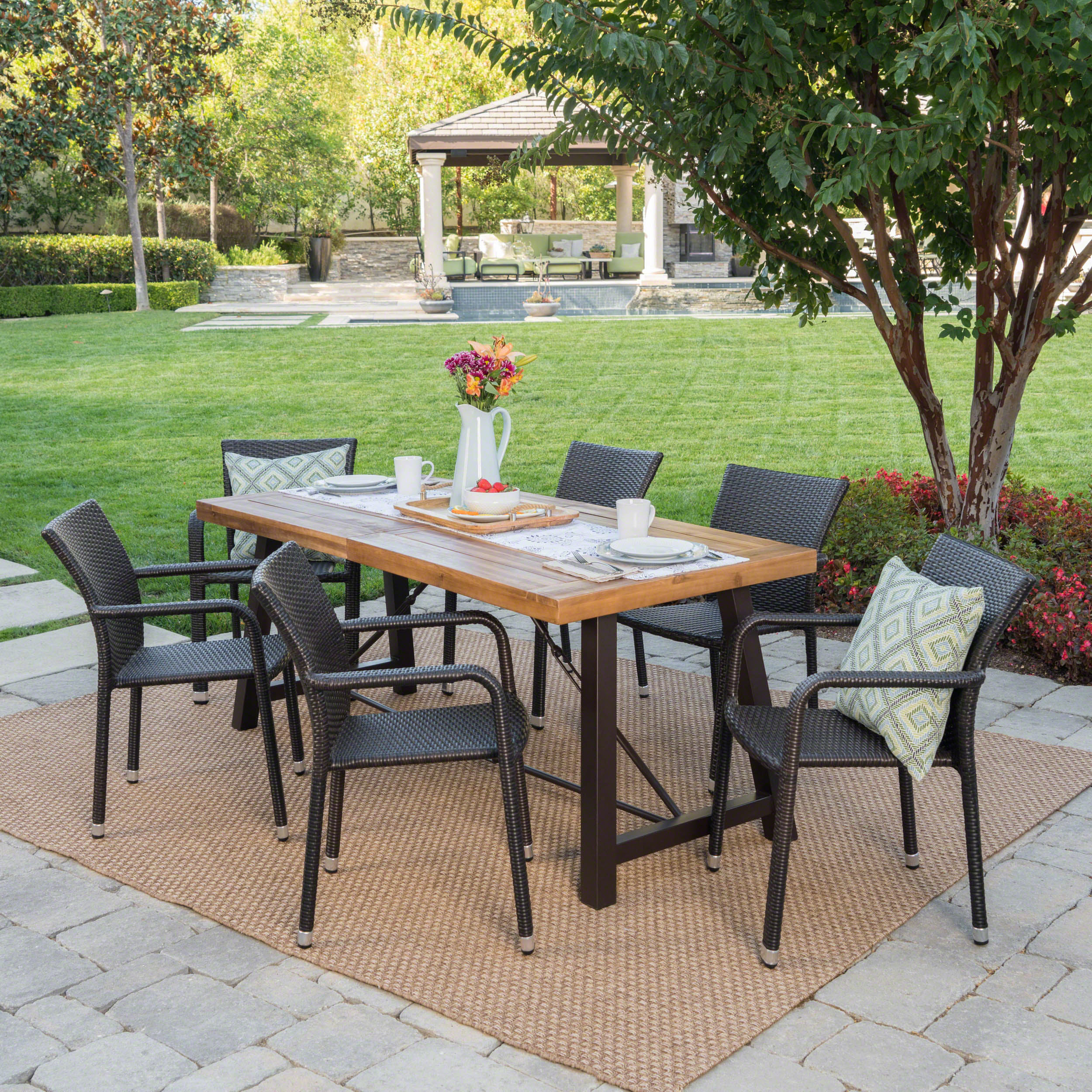 Spiegel Outdoor 7 Piece Dining Set with Teak Finished Wood Table and Brown Chairs