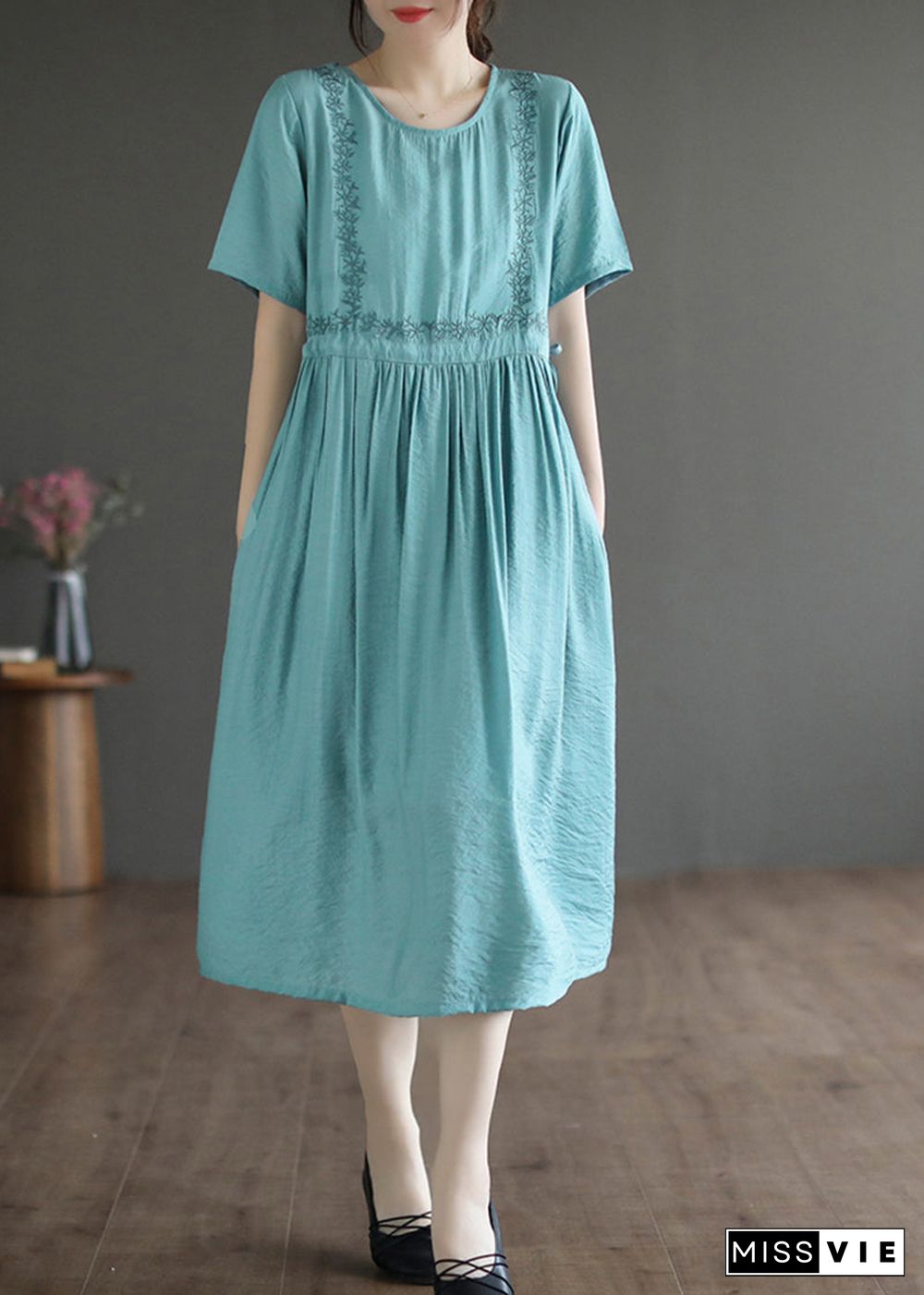 Lake Blue Cotton Maxi Dress Embroideried Summer