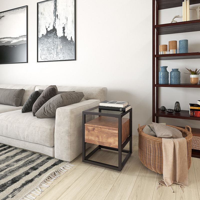 Merrick Lane Glass End Table with Drawer and Shelf in Rustic Wood Grain Finish