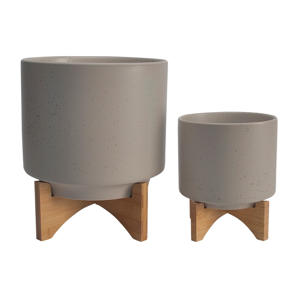 Taupe Brown Ceramic Planters with Natural Wood Stands (Set of 2)