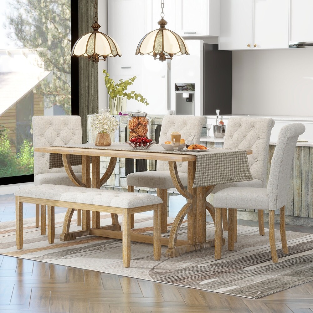 Rectangular 6 Piece Wood Dining Table Set w/Ergonomic Chairs   Bench