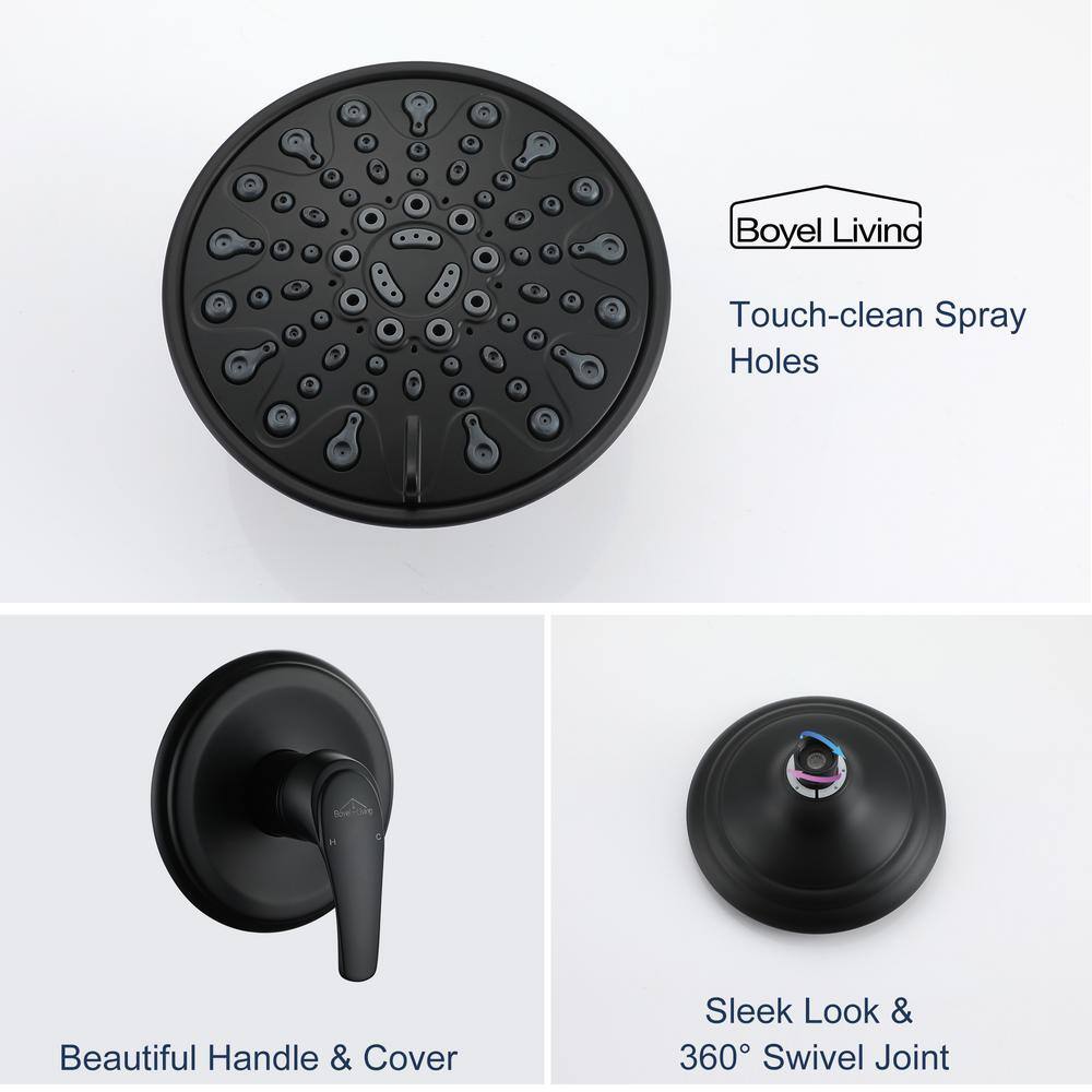 Boyel Living 6-Spray Patterns with 2.1 GPM 6 in. Wall Mount Rain Fixed Shower Head with Single Handle and Valve in Matte Black SMD-88011B