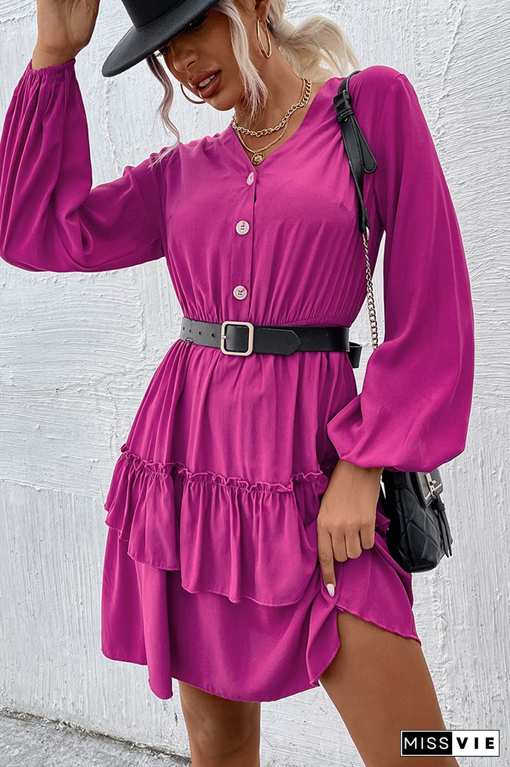 Rose V Neck Button Down High Waist Tiered Midi Dress