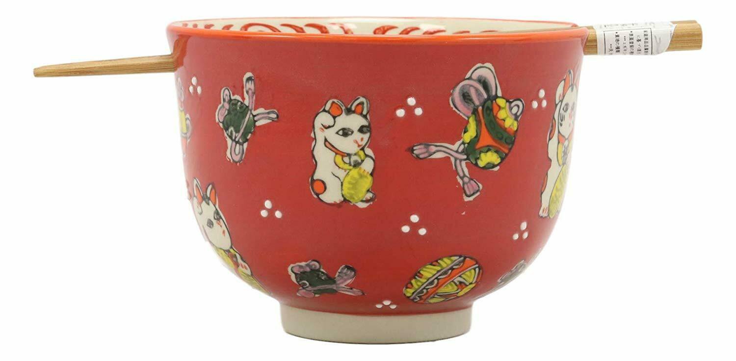 1 Lucky Cat Japanese Maneki Neko Red Porcelain Ramen Soup Bowl With Chopsticks Set EBR02