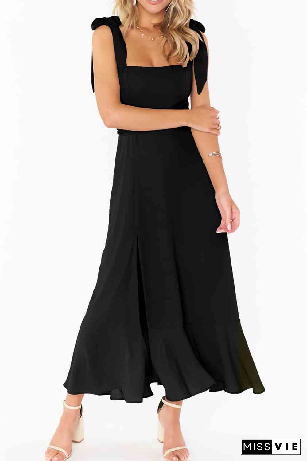 Black Tie Shoulder Smocked Back Side Slit Maxi Dress