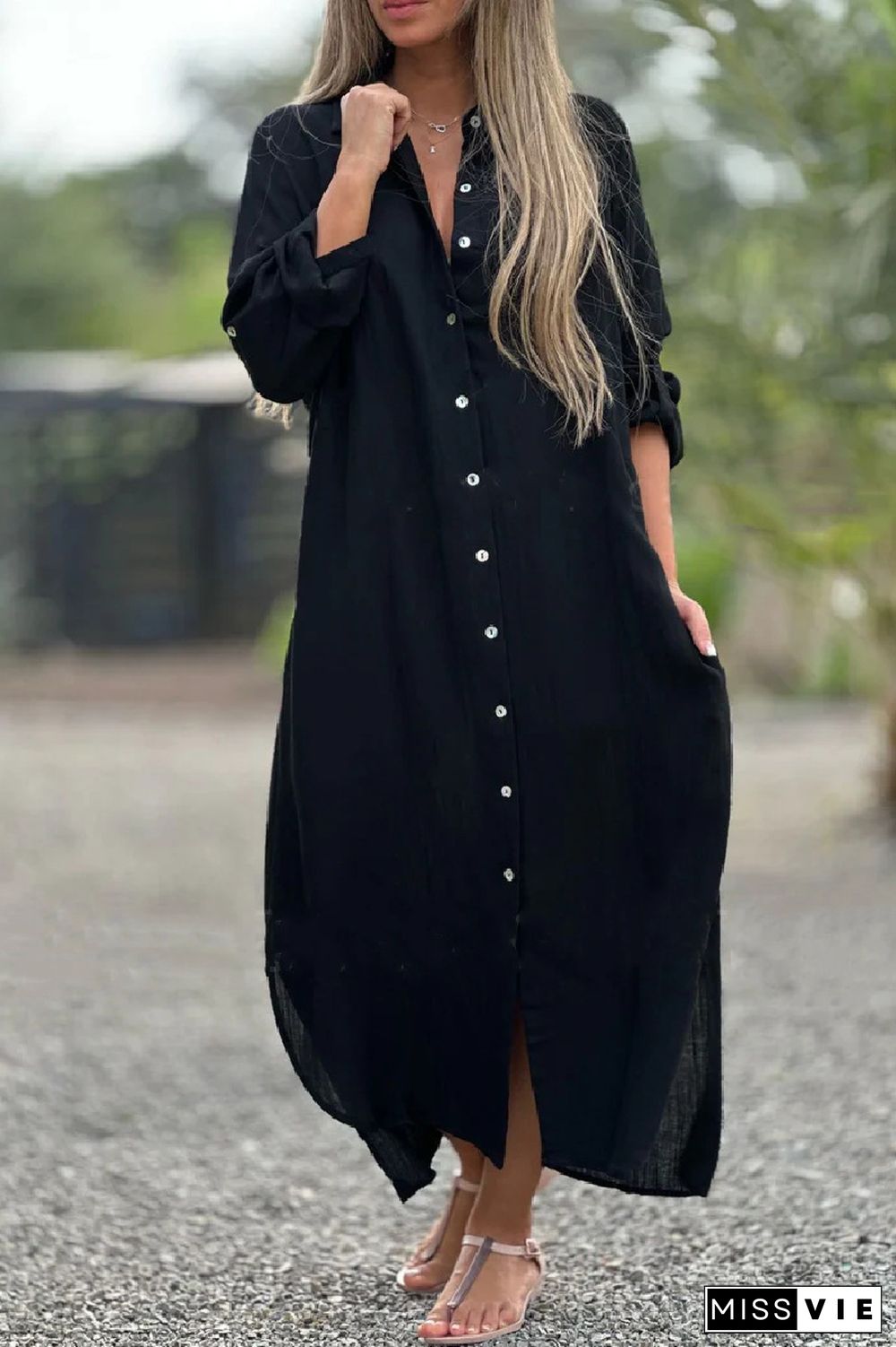 Casual Solid Buttons Turndown Collar Shirt Dresses