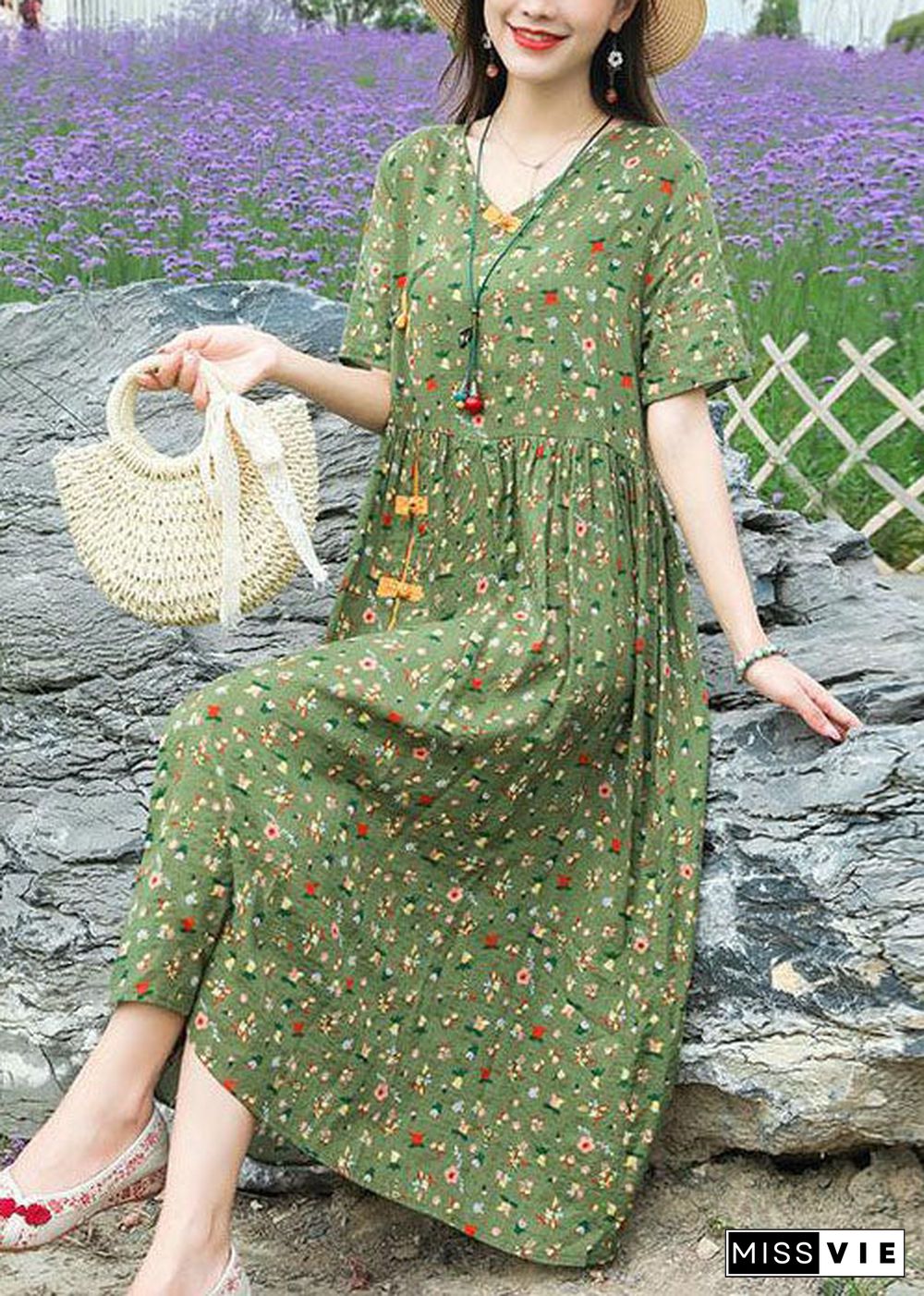 Boho Green Stand Collar Chinese Button Print Linen Dress Summer