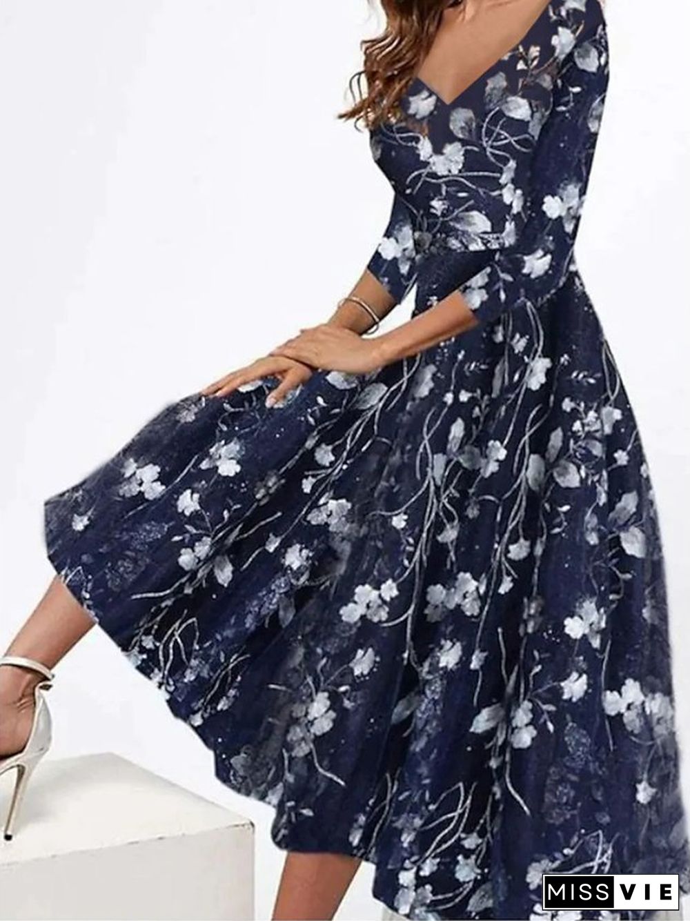 Elegant V Neck Floral Swing Dress