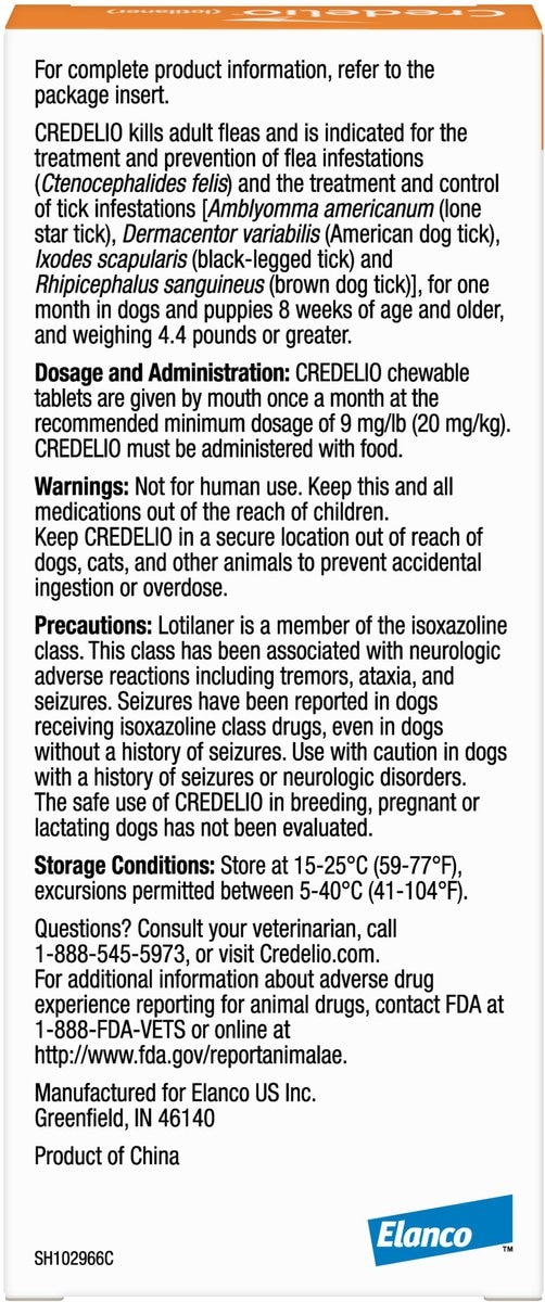 Credelio Chewable Tablet for Dogs， 12.1-25 lbs， (Orange Box)