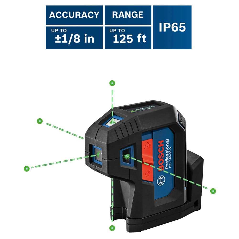 Bosch 125 ft. Green 5-Point Self-Leveling Laser with VisiMax Technology, Integrated MultiPurpose Mount, and Hard Carrying Case GPL100-50G