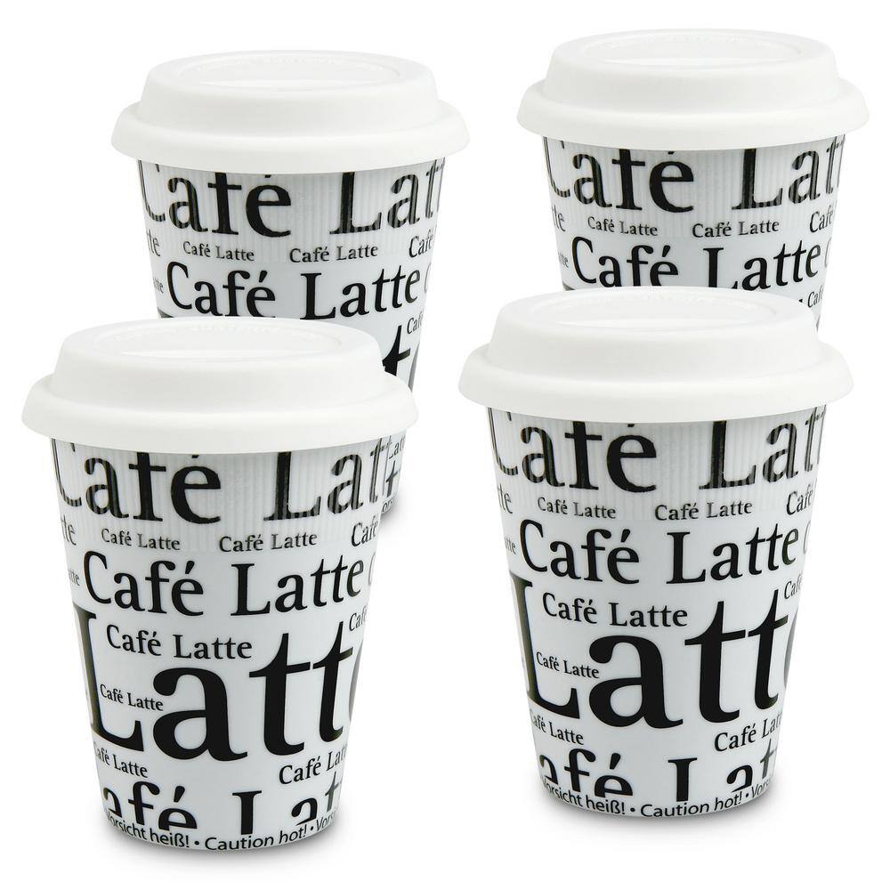 Konitz 4-Piece Cafe Latte Writing on White Porcelain Travel Mug Set 4451620647