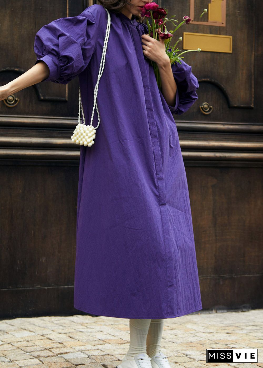 Loose Purple Stand Collar Wrinkled Maxi Dress Lantern Sleeve