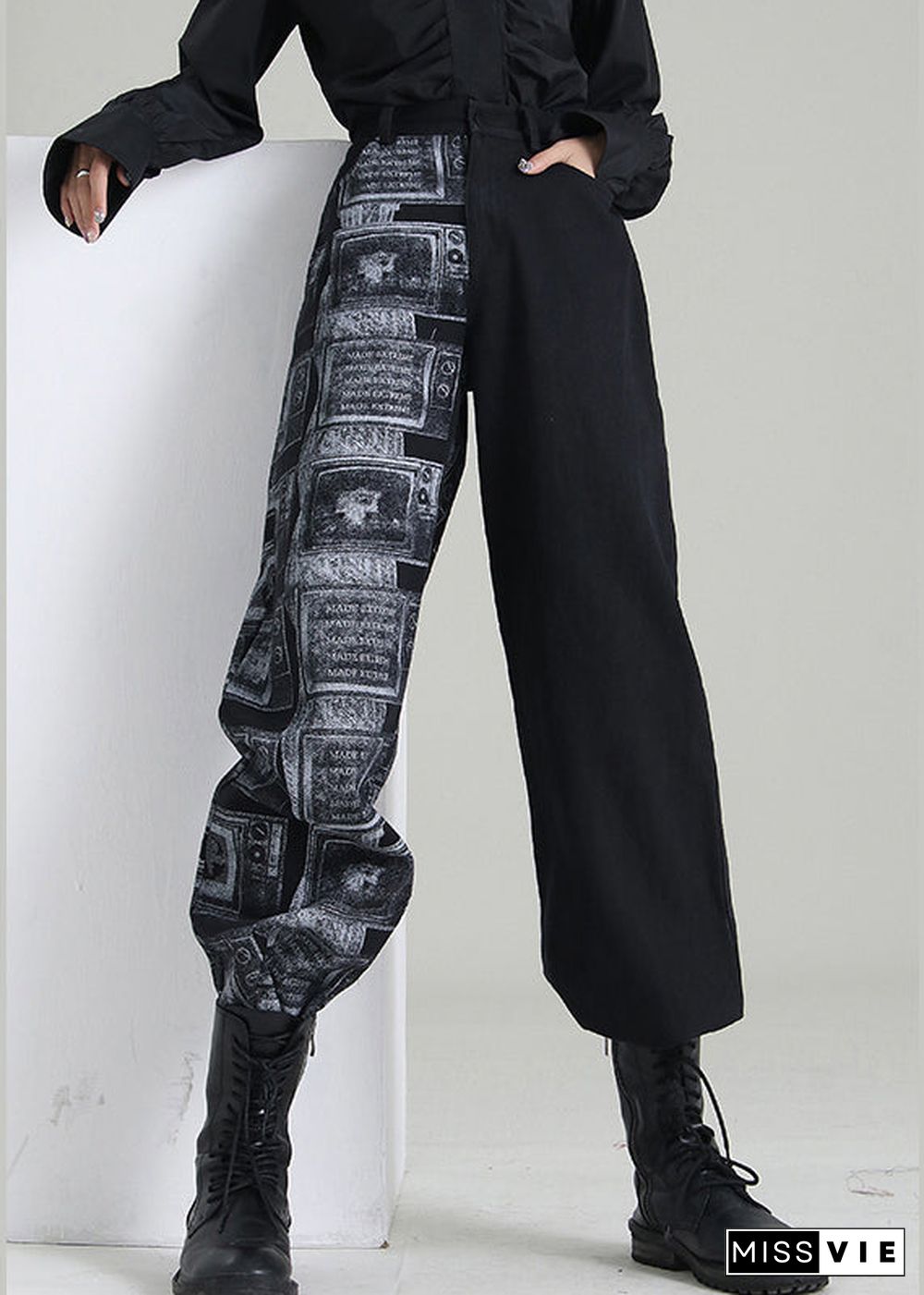 Art Black Zip Up Patchwork denim Pants Spring