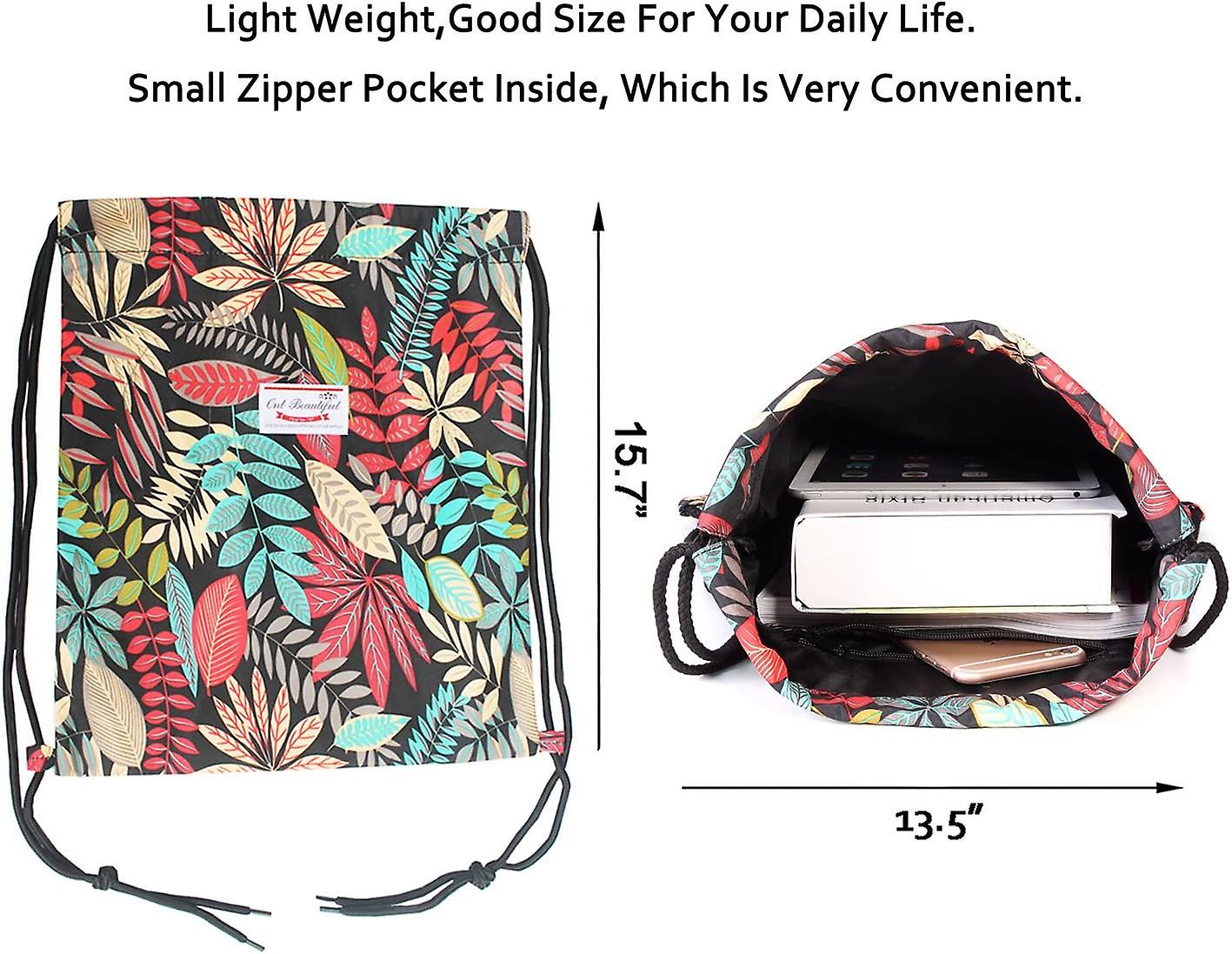 Drawstring Bag Water Resistant Floral Leaf Lightweight Gym Sackpack For Hiking Yoga Gym Swimming Travel Beach (b - Black)