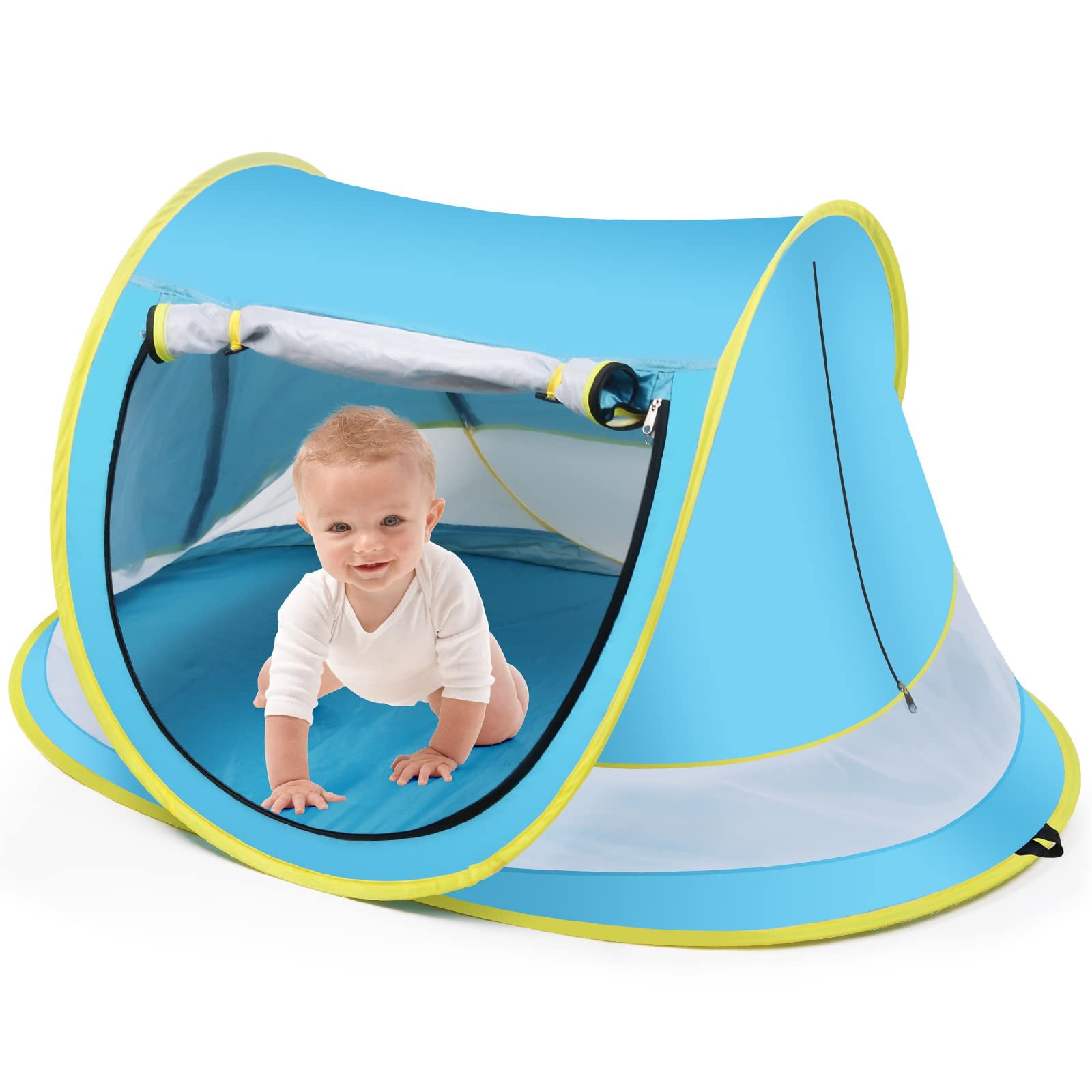 IMMEKEY Baby Beach Tent，Large Pop Up Sun Shade for Beach，Portable Baby Travel Tent with Mosquito Net，UPF 50+ UV Protection Sun Shelters for Infants Blue