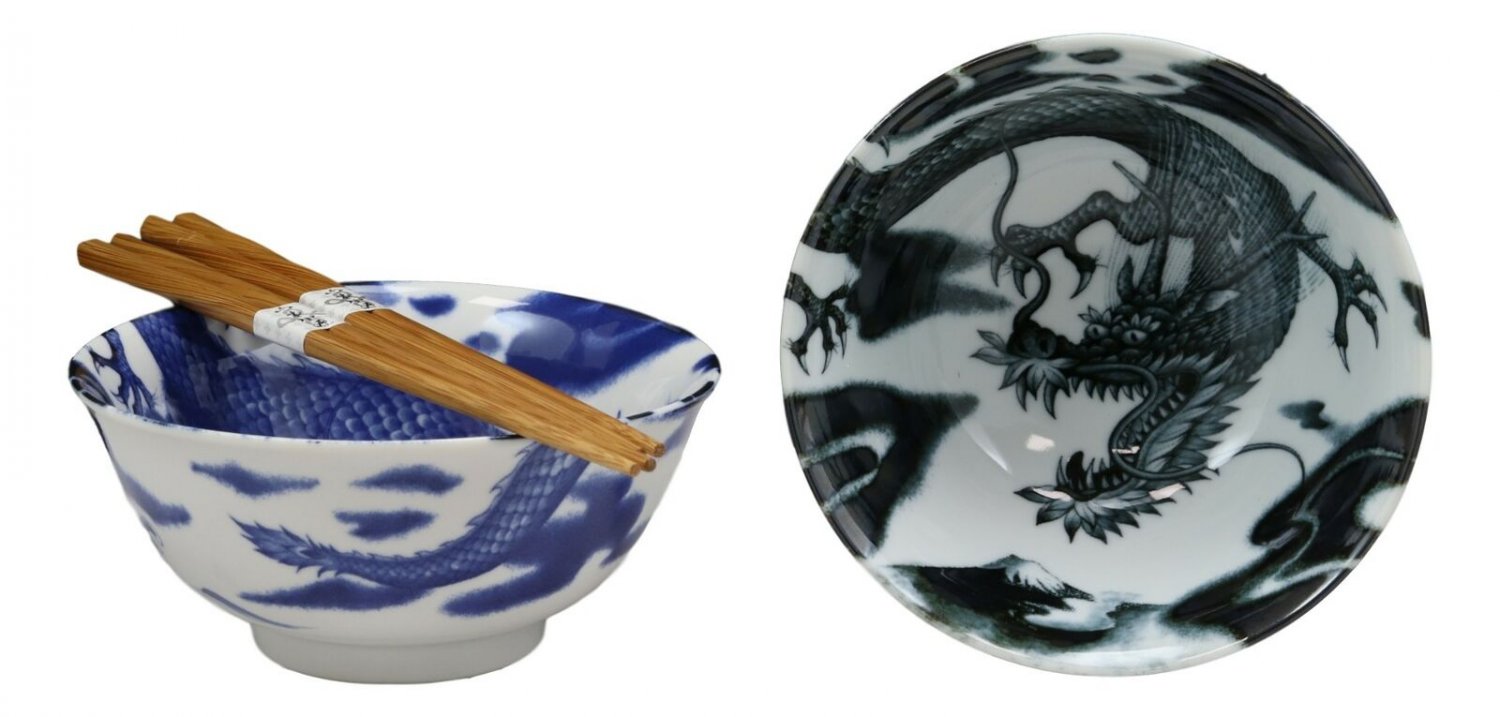 1 Japanese Made East Asian Chinese Dragons Ceramic Bowls And Chopsticks Set of 2 EBR02