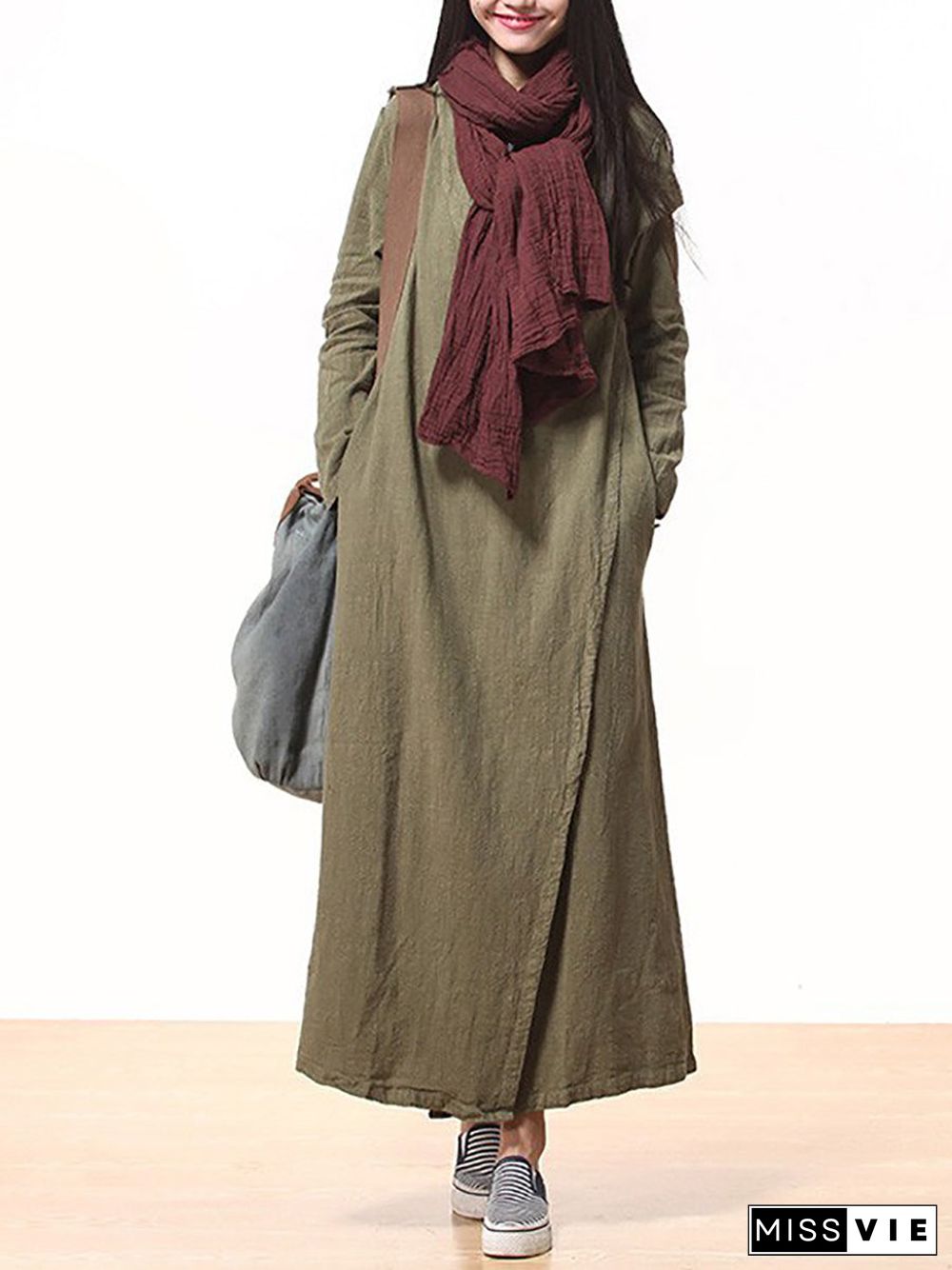 Plus Size Women Spring Vintage Solid V-Neck Maxi Dress