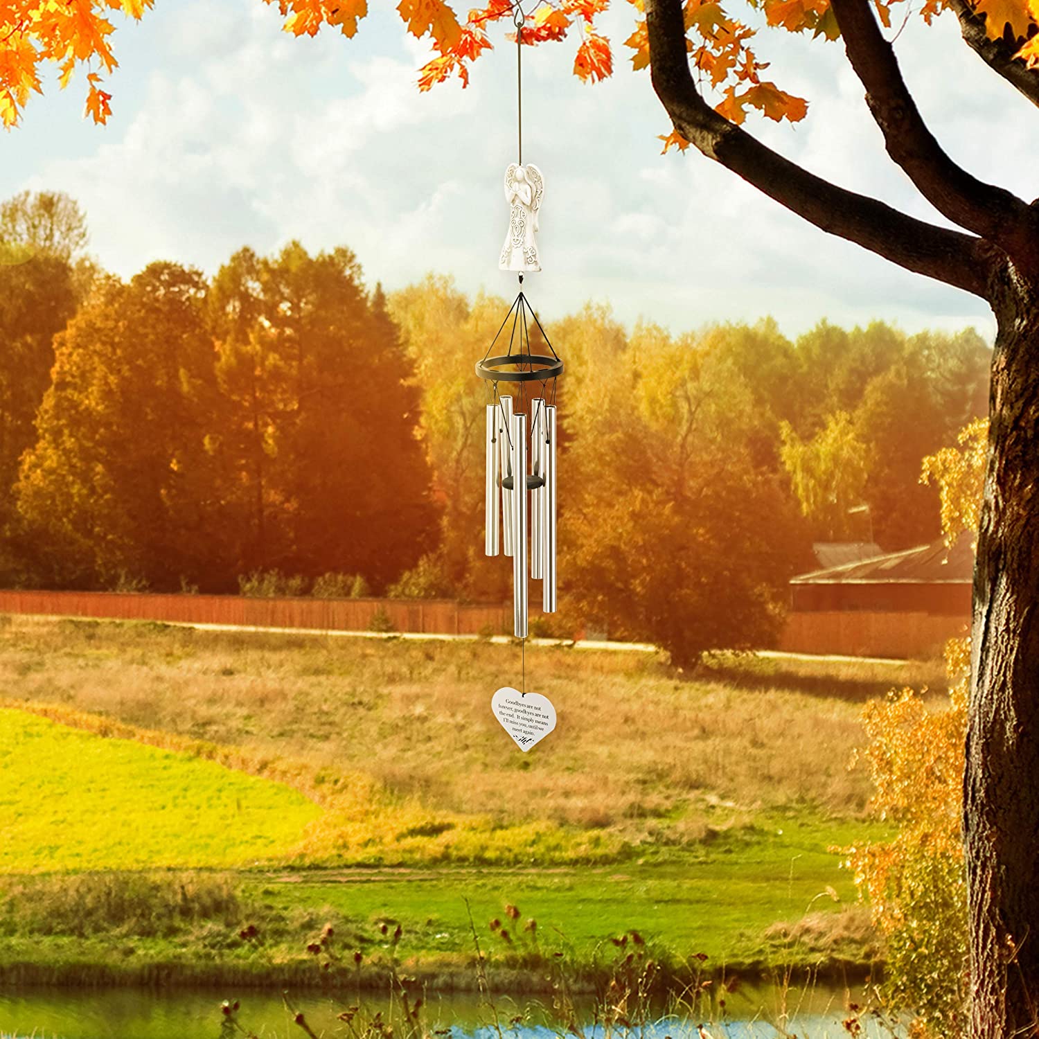 Memorial Wind Chimes with Celtic Angel and Heart - Goodbyes are Not Forever - Sympathy Gifts