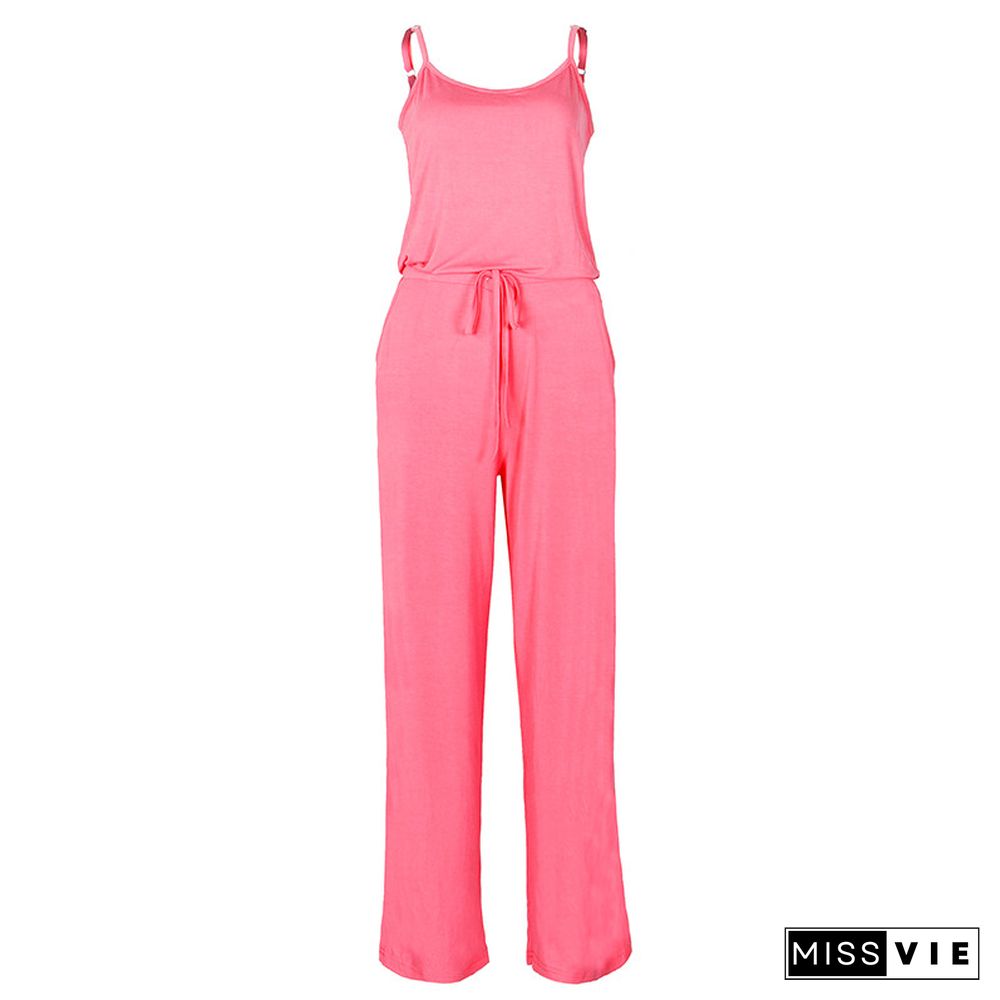 Summer Spaghetti Strap Jumpsuits Women Rompers Casual Jumpsuit Female Overalls Loose Wide Leg Long Pants 2XL Fashion PR049G