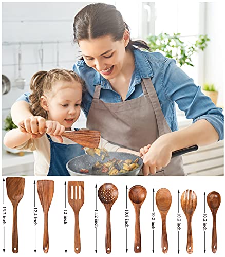 Wooden Spoons for Cooking, Kitchen Utensils Set, Natural Teak Wood Spoon and Spatula for High Heat Stirring, Baking, Non Stick Pots and Pans,Cooking Spoons Wooden Spatula for Nonstick C