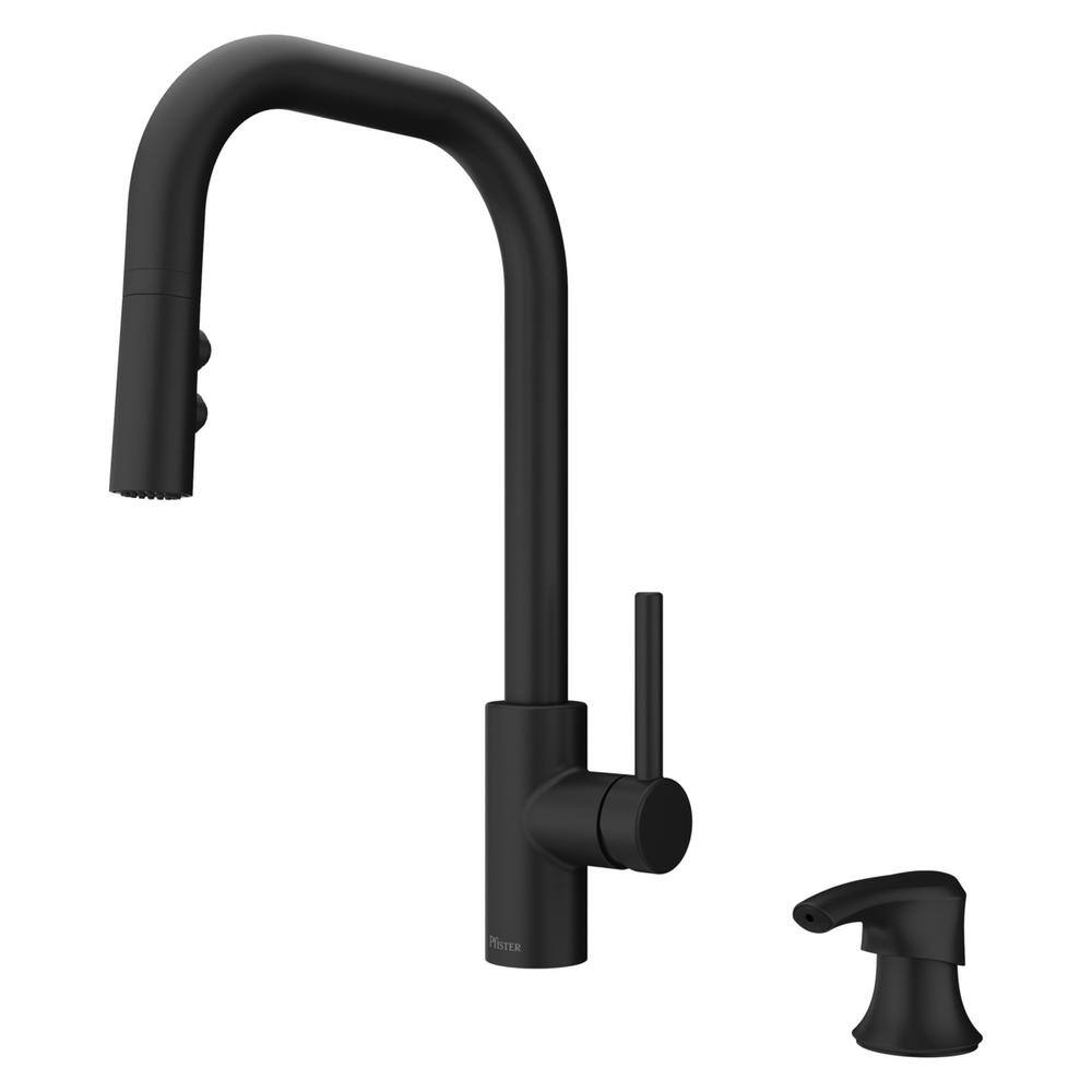 Pfister Zanna Single Handle Pull Down Sprayer Kitchen Faucet with Deckplate and Soap Dispenser in Matte Black F-529-7ZNRB