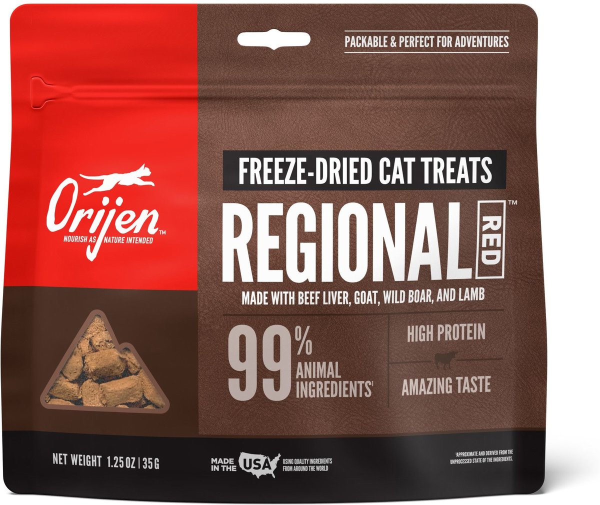 ORIJEN Regional Red Grain-Free Freeze-Dried Cat Treats， 1.25-oz bag;