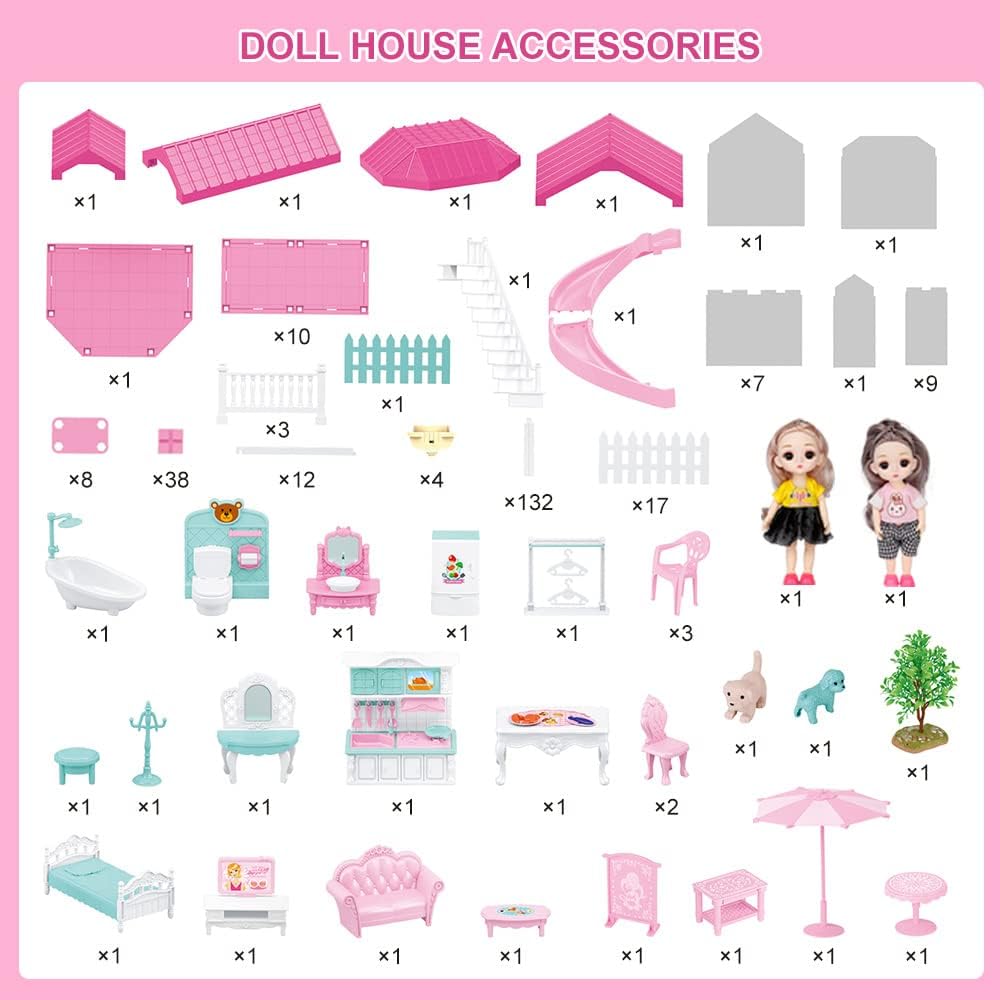 Doll House Kit，Dollhouse with Lights， Slide， Pets and Dolls， DIY Pretend Play Building Playset Toys with Asseccories and Furniture， Princess House for Toddlers， Kids Boy and Girl (11 Rooms)