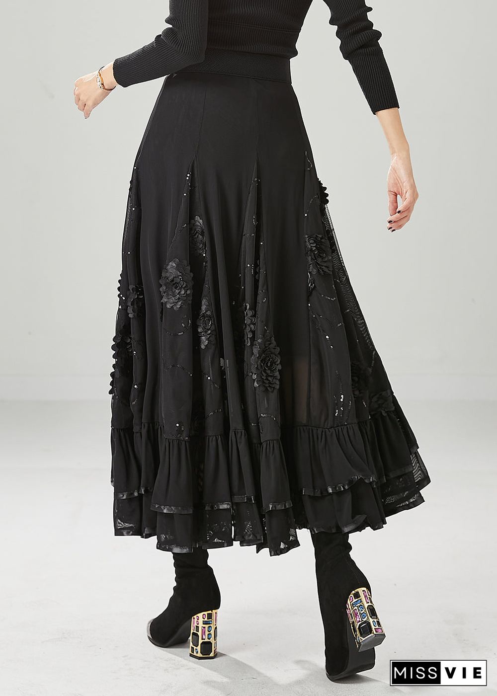 Italian Black Stereoscopic Floral Chiffon A Line Skirt Fall