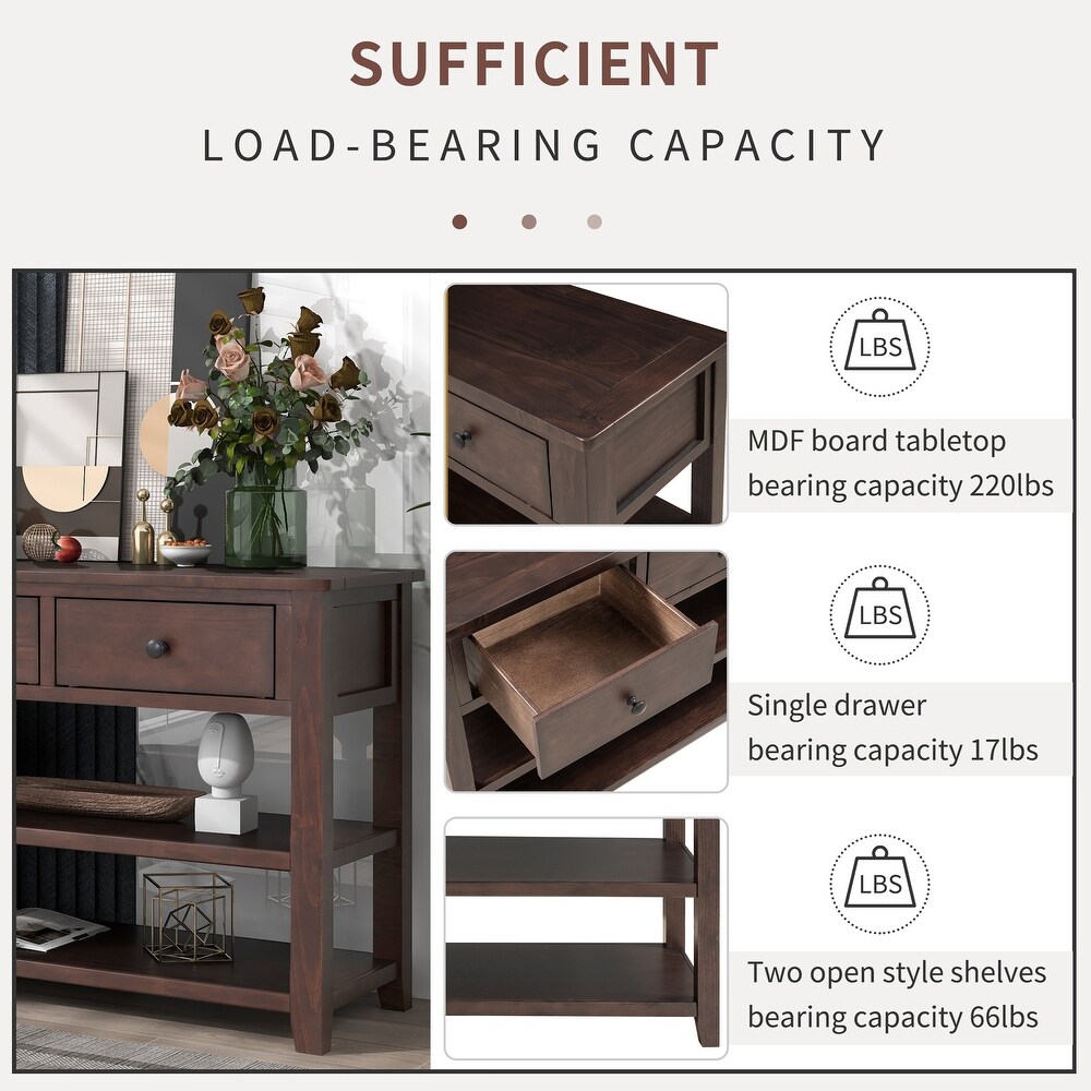 Retro Design Console Table  Buffet Cabinet Sideboard with 2 Open Shelves   3 Drawers  Solid Pine Wood Frame and Legs  Espresso