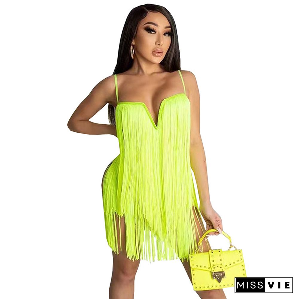 Sexy Solid Color Club Tassel Fringe V Neck Bodycon Mini Dress