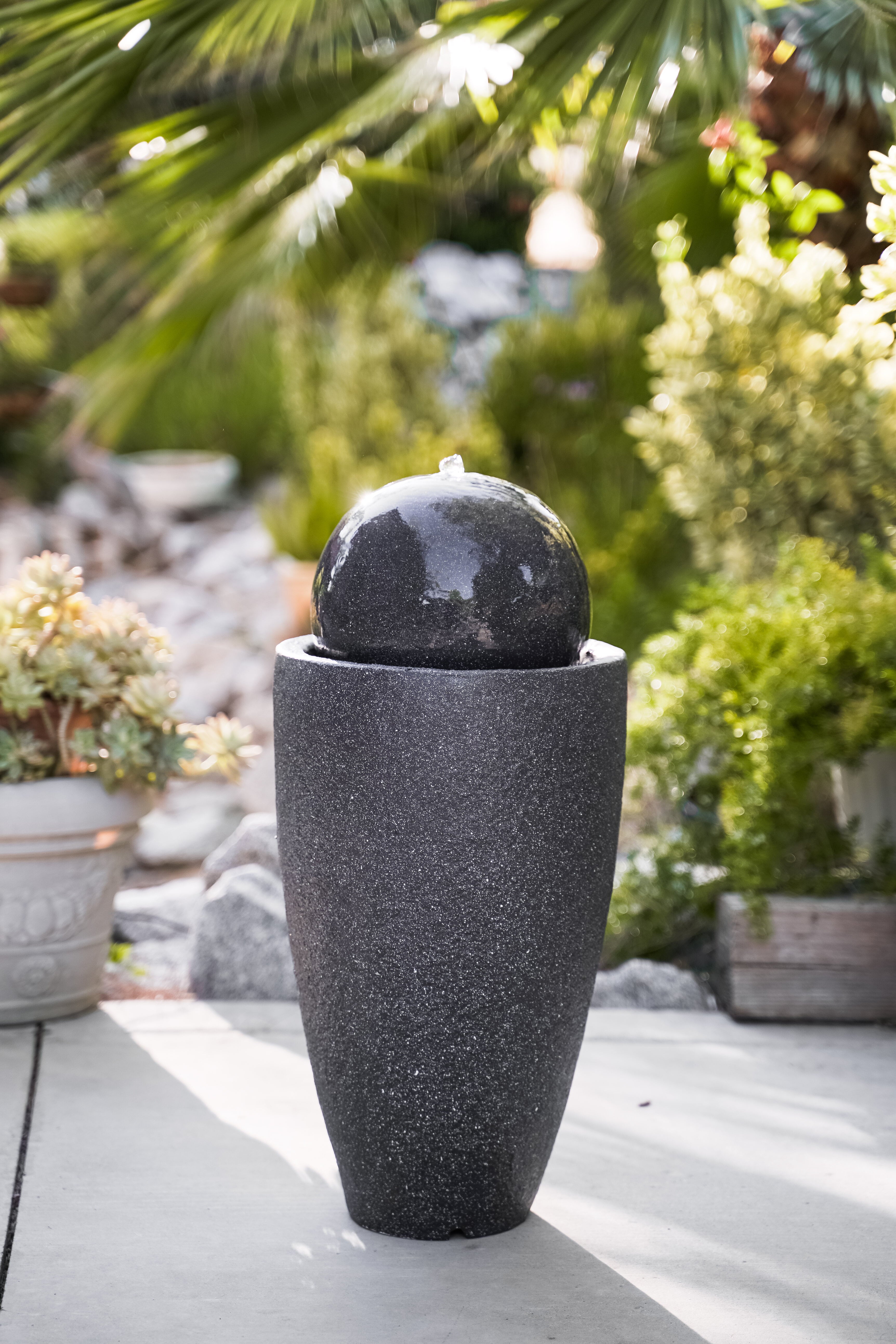 XBrand Modern Stone Textured Round Sphere Water Fountain w/LED Lights， Indoor Outdoor Décor， 25.6 Inch Tall， Black