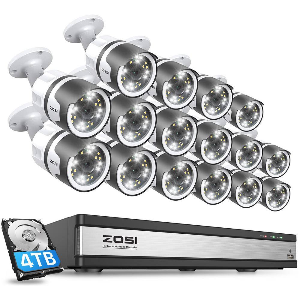 ZOSI 4K 16-Channel POE 4TB NVR Security Camera System with 16-Wired 5MP Outdoor Spotlight Cameras 2-Way Audio 16SK-1905W16-40-US-A2