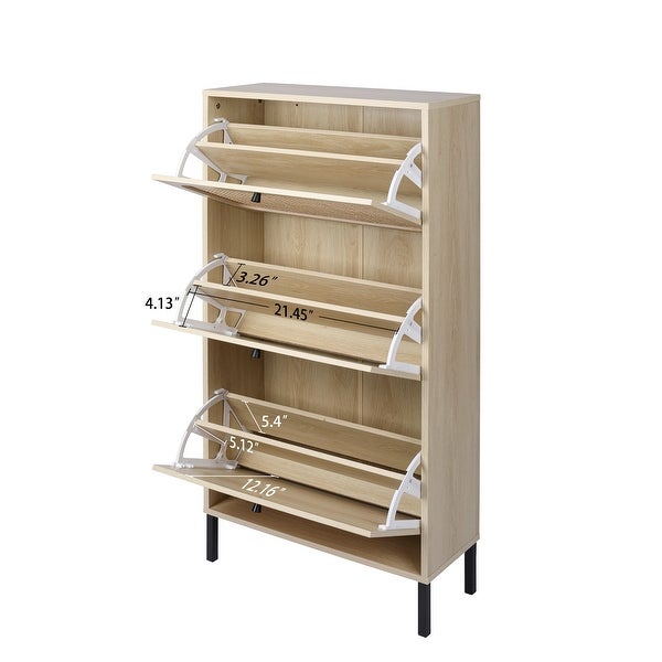 Natural Rattan 3 Door Shoe Rack， Freestanding Modern Shoe Storage Cabinet， for Entryway