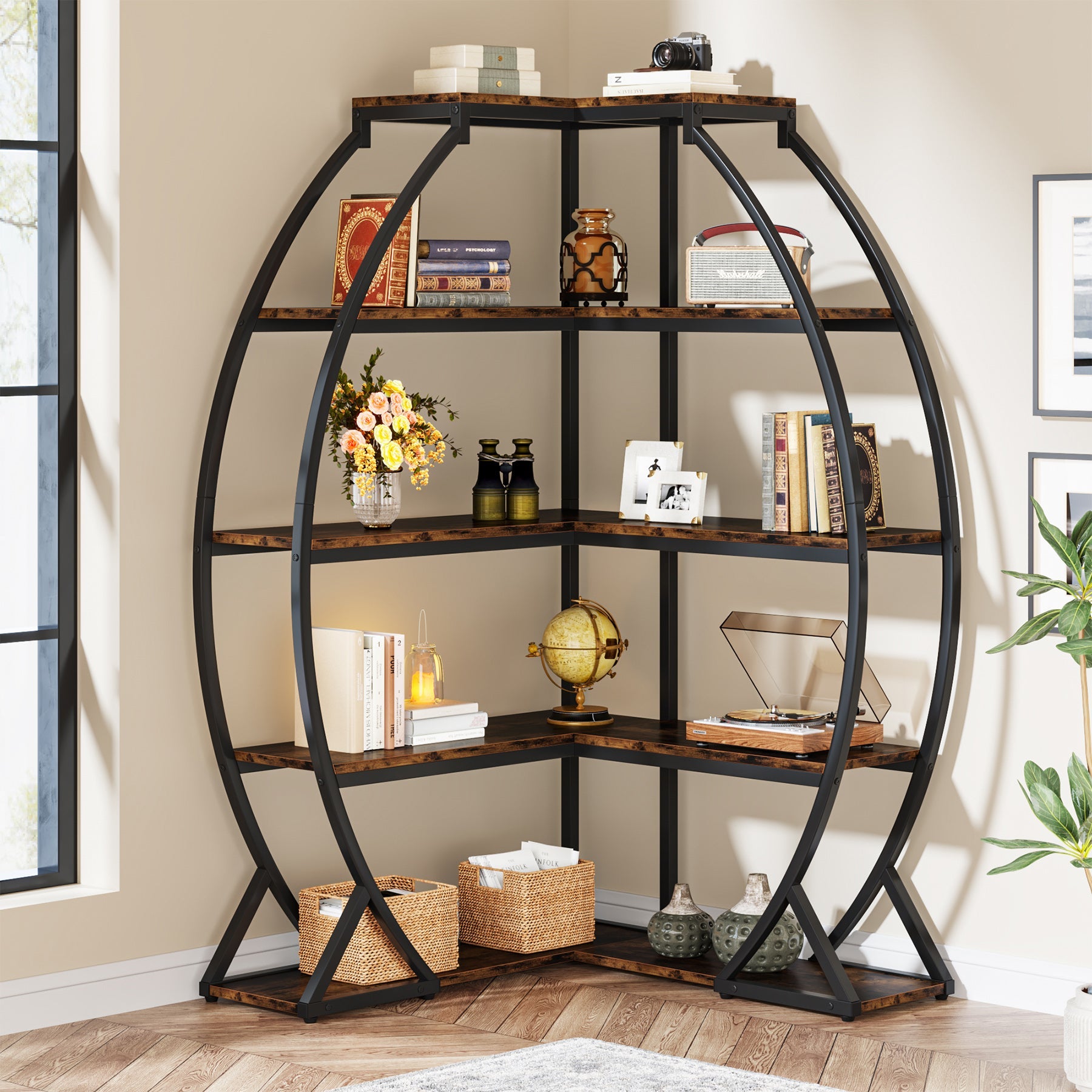 5-Tier Corner Bookshelf, Industrial 69 Corner Bookcase Display Rack