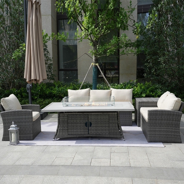 5Piece Patio Wicker Conversation Sofa with Firepit Table and Storage Box