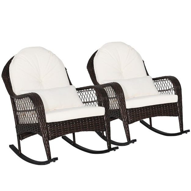 Costway 2pcs Patio Wicker Rocking Chair W seat Back Cushions amp Lumbar Pillow Balcony