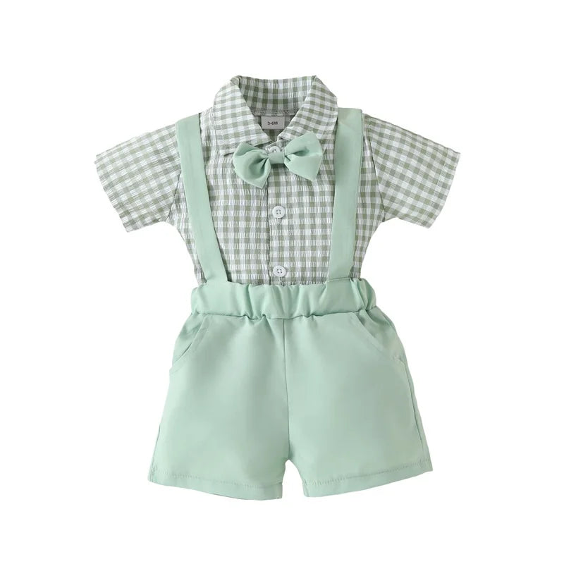 Toddler Clothes Infant Baby Clothing Boys Gentleman Outfit Plaid Short Sleeve Jumpsuit and Casual Stretch Suspender Shorts Set