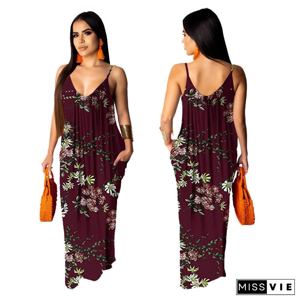 Hot Style Women's Summer Boho Floral Print Sleeveless V Neck Loose Long Maxi Party Beach Dress