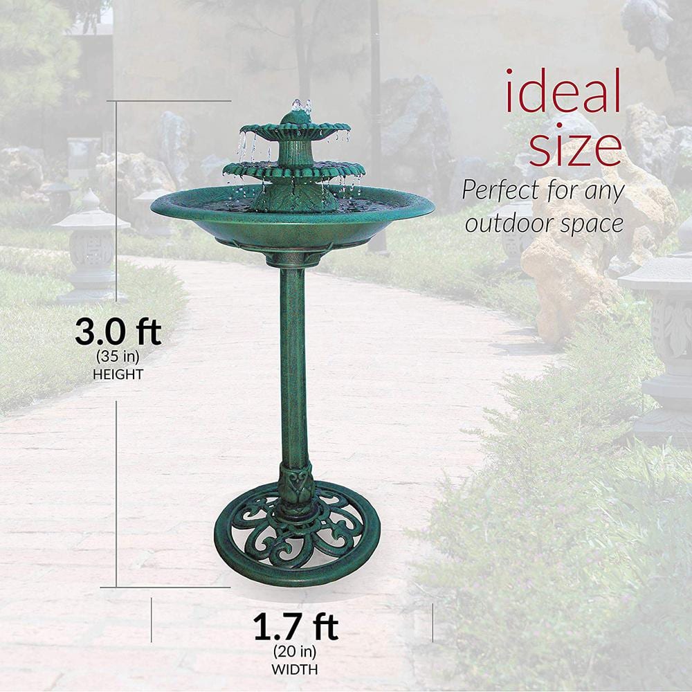 Alpine Corporation 35 in. Tall Outdoor 3-Tiered Pedestal Water Fountain and Birdbath, Green TEC106