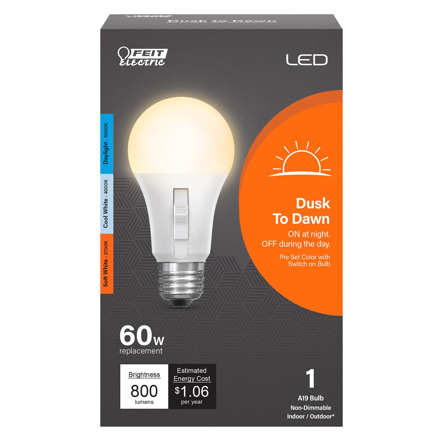 Feit A19 E26 (Medium) LED Dusk to Dawn Bulb Tunable White/Color Changing 60 Watt Equivalence 1 pk