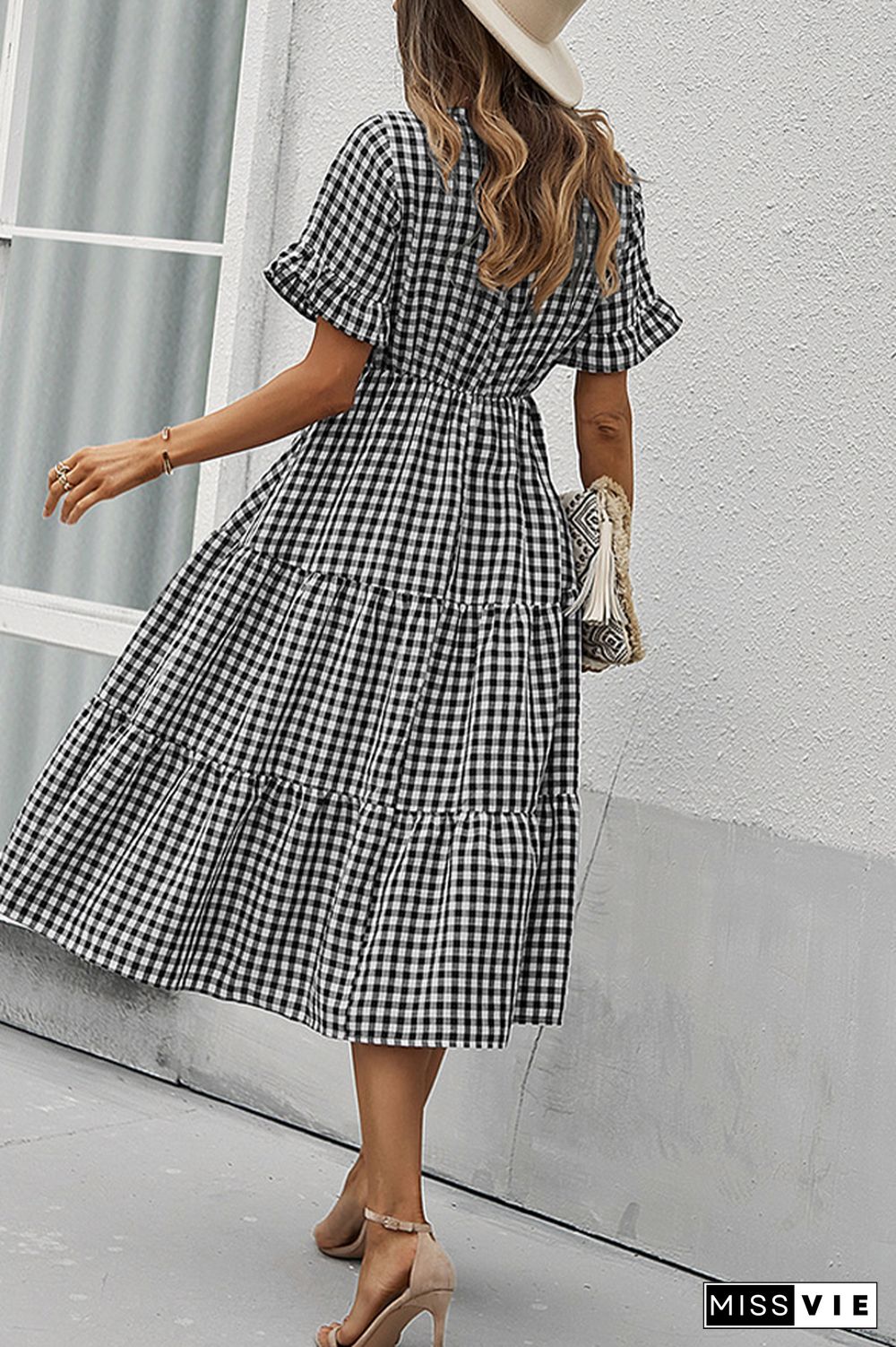 Plaid V-neck Short Sleeve Long Dress Wholesale