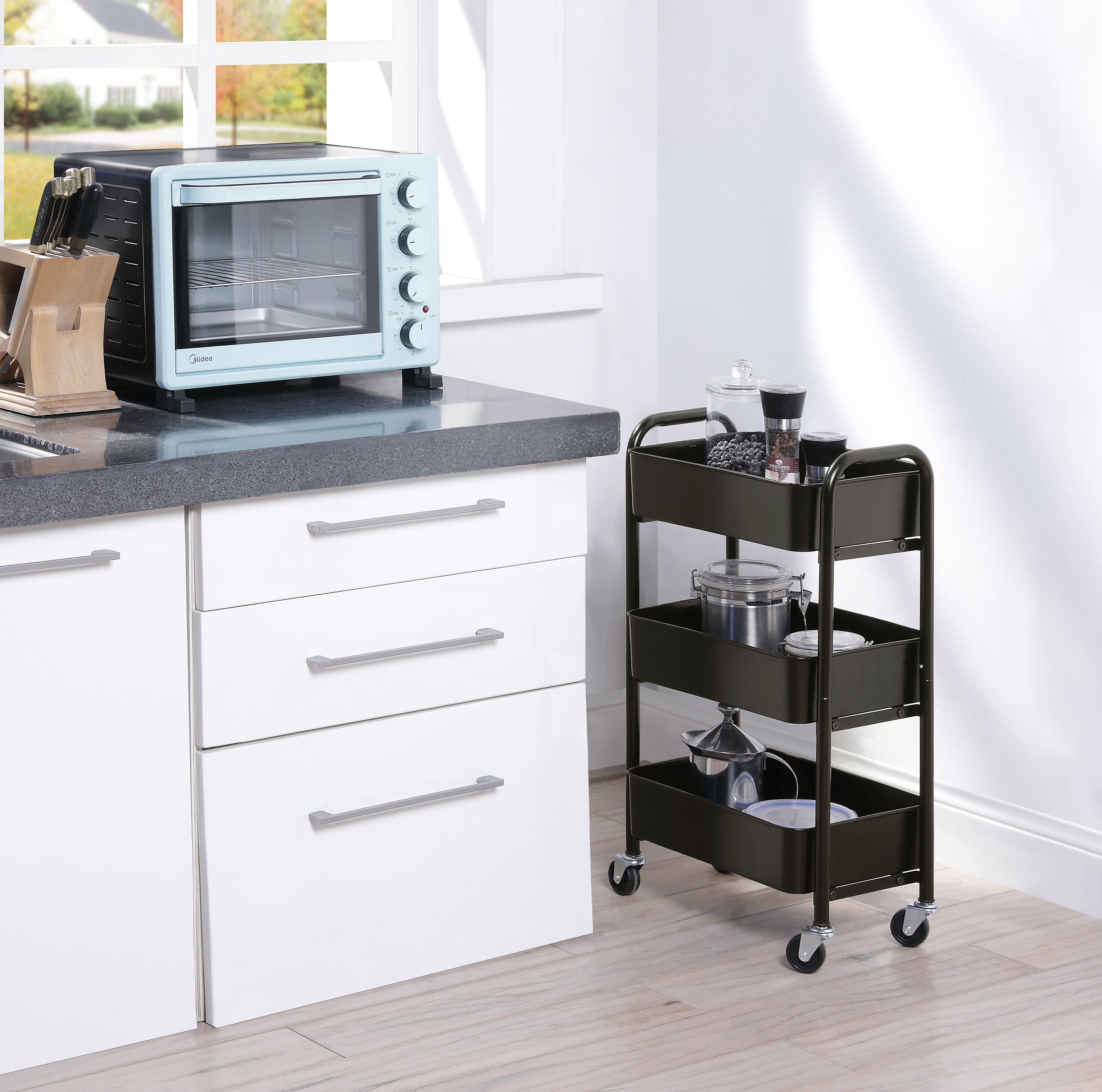 SunnyPoint 3-Tier Compact Rolling Metal Utility Cart Kitchen with Caster Wheels， Black