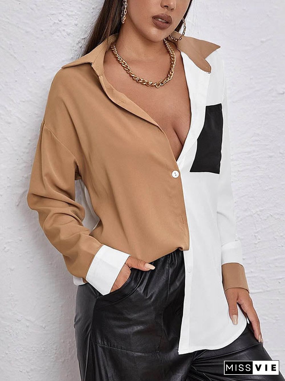 Button Down Collar Color Block Blouse Top