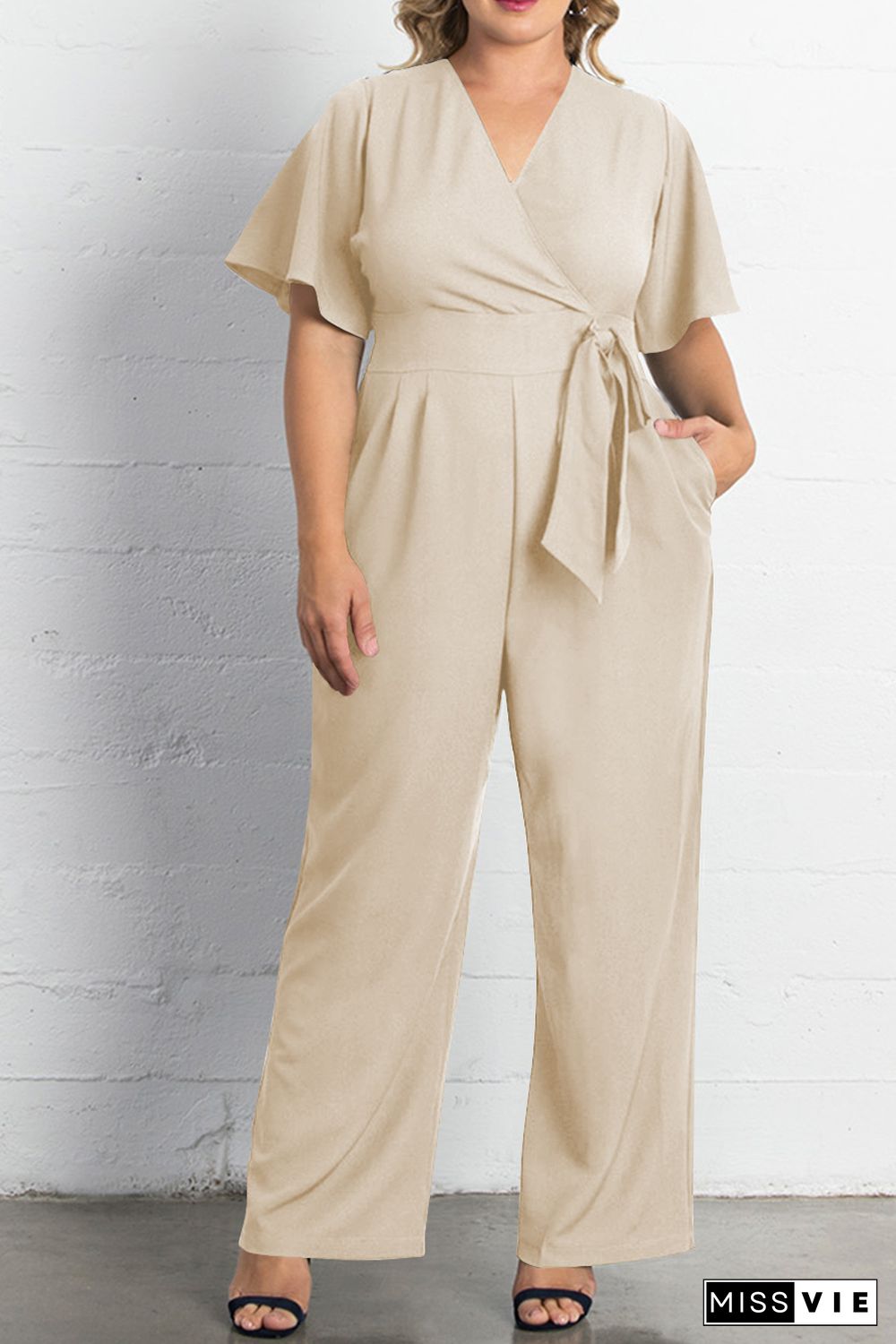 Apricot V Neck Tie Knot High Waist Plus Size Jumpsuit