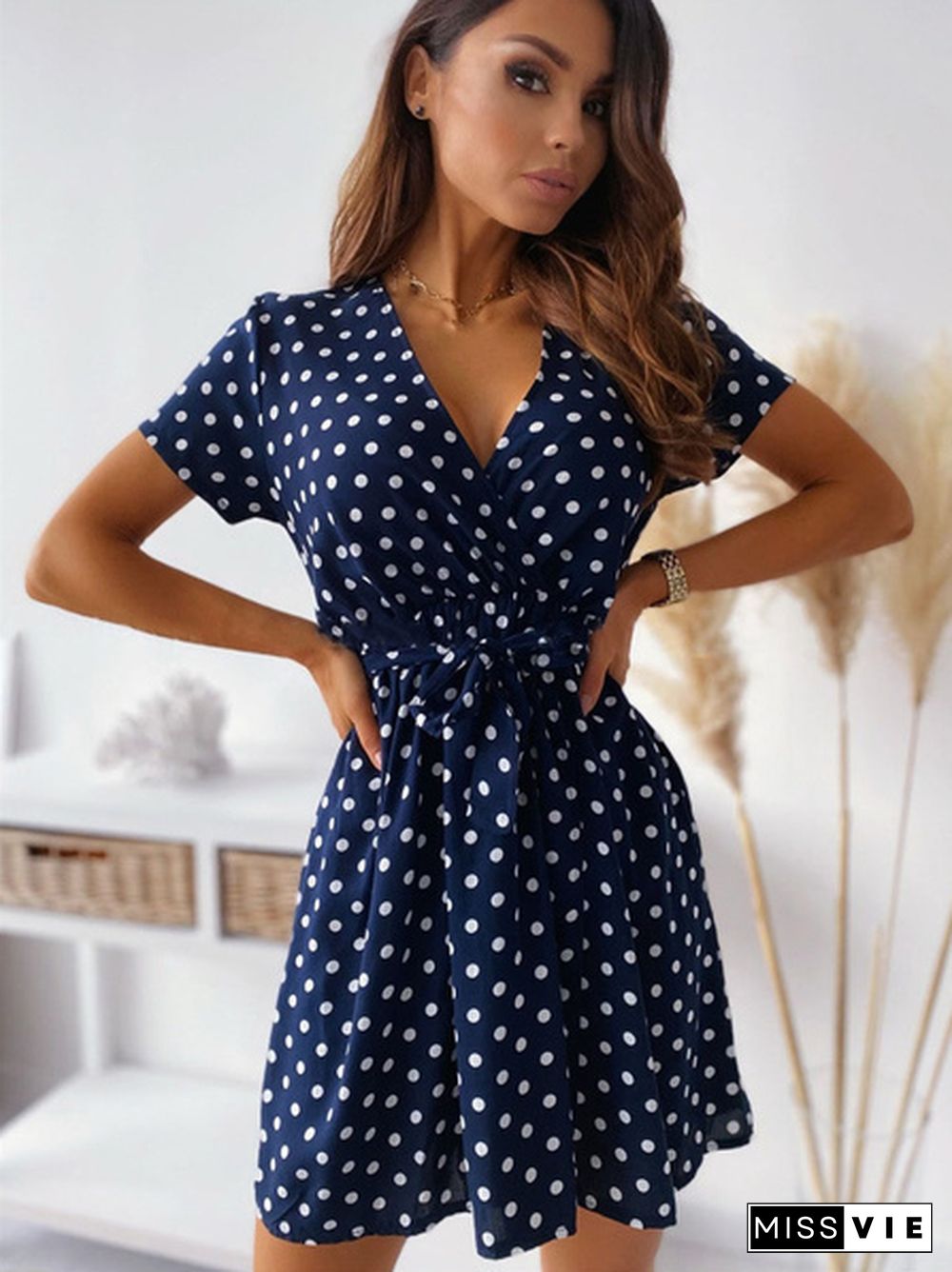 Summer V Neck Polka Dot Boho Dress Bohemian Women Beach Dress Fashion Short Sleeve Casual Mini Dress