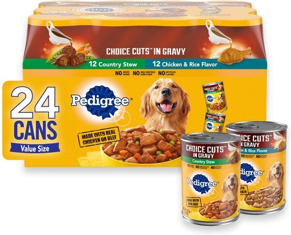 Pedigree Choice Cuts in Gravy Country Stew and Chicken and Rice Flavor Adult Canned Wet Dog Food Variety Pack， 13.2 oz， case of 24