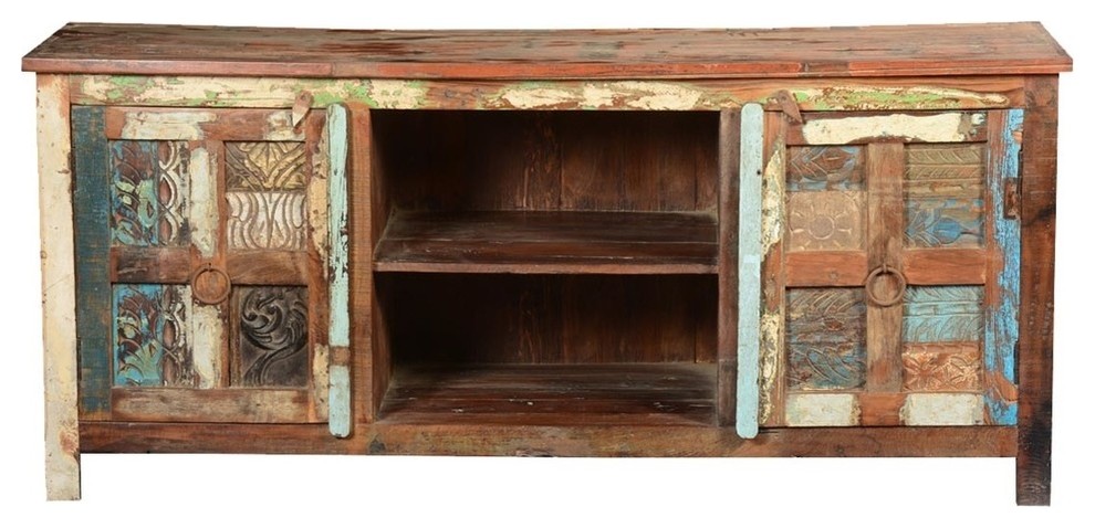 Frontier Rustic Hand Carved Reclaimed Wood TV Console Media Cabinet   Farmhouse   Entertainment Centers And Tv Stands   by Sierra Living Concepts Inc  Houzz